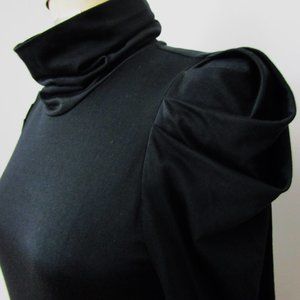 Black Pleated Puff Sleeve Turtleneck Top Blouse Acetate Cotton Jersey